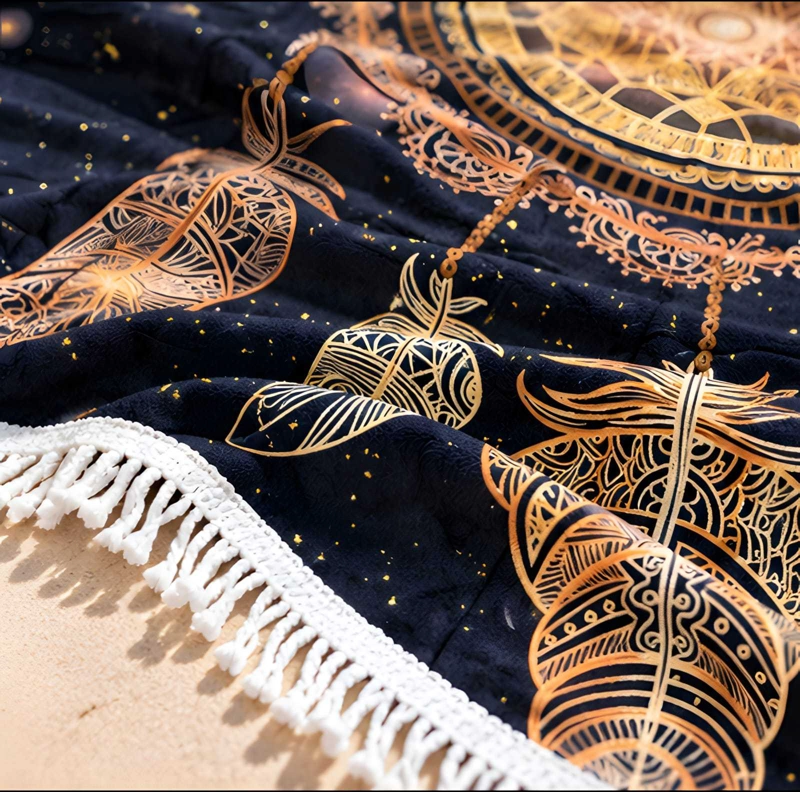 TOALLA DE PLAYA REDONDA 150 CM CON ESTAMPADO Y FLECOS DECORATIVOS - 4