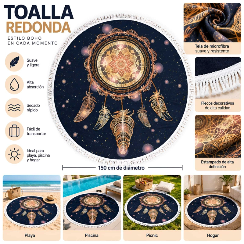 TOALLA DE PLAYA REDONDA 150 CM CON ESTAMPADO Y FLECOS DECORATIVOS - 5