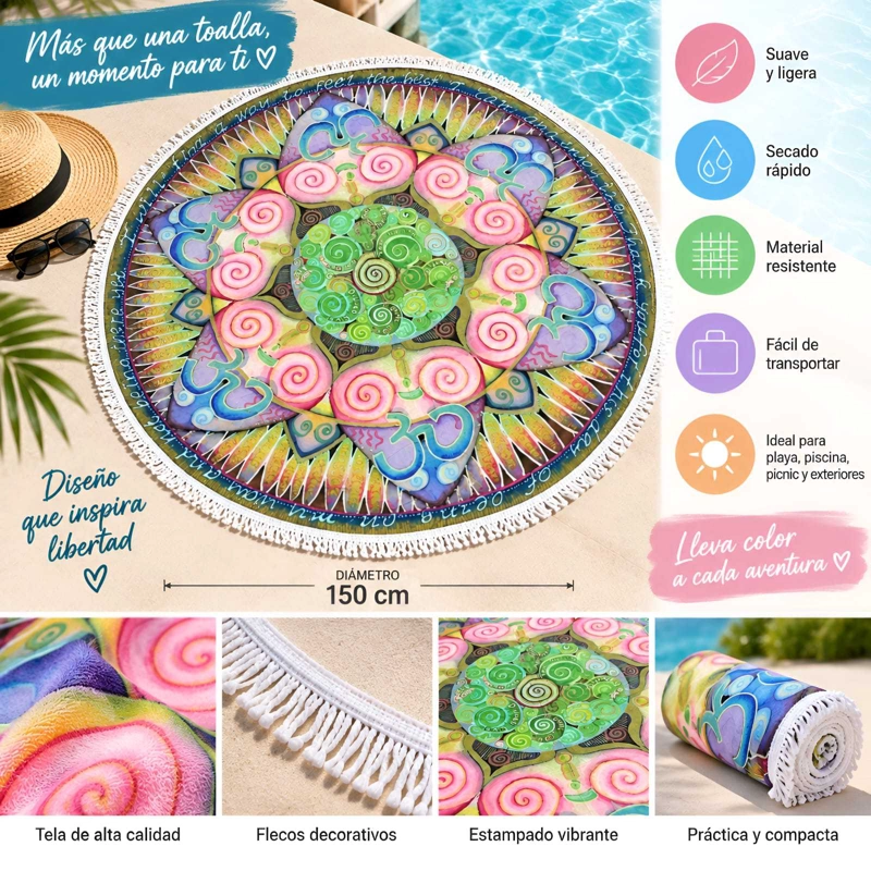 TOALLA DE PLAYA REDONDA 150 CM CON ESTAMPADO Y FLECOS DECORATIVOS - 5