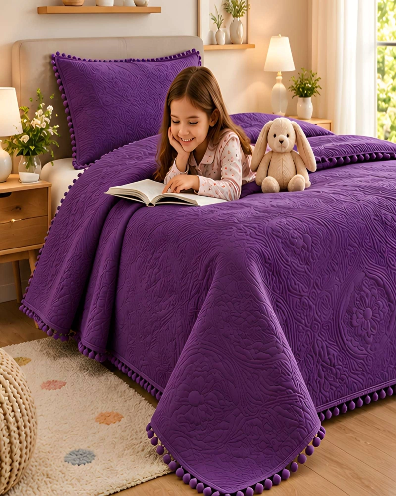 CUBRECAMA 1.5 PLAZAS TEXTURIZADO EN RELIEVE Y POMPONES - 4
