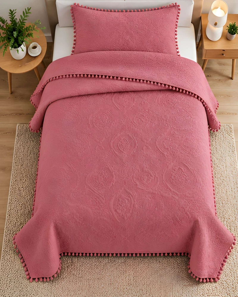 CUBRECAMA 1.5 PLAZAS TEXTURIZADO EN RELIEVE Y POMPONES - 4