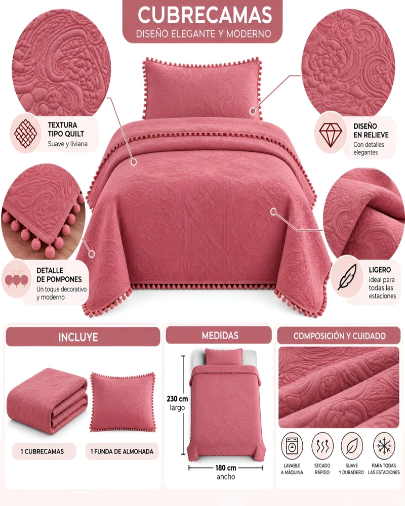 CUBRECAMA 1.5 PLAZAS TEXTURIZADO EN RELIEVE Y POMPONES - 5