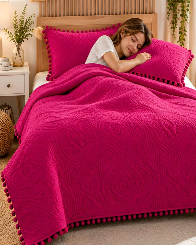 CUBRECAMA 1.5 PLAZAS TEXTURIZADO EN RELIEVE Y POMPONES - 4