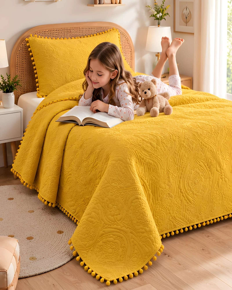 CUBRECAMA 1.5 PLAZAS TEXTURIZADO EN RELIEVE Y POMPONES - 3