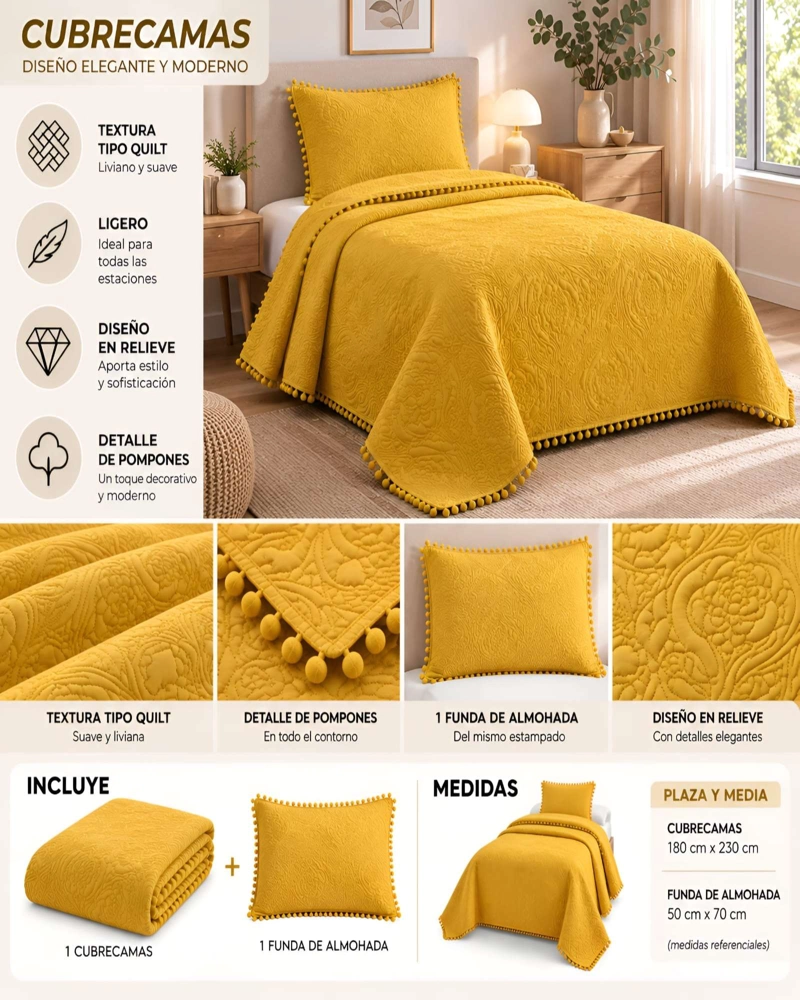 CUBRECAMA 1.5 PLAZAS TEXTURIZADO EN RELIEVE Y POMPONES - 5