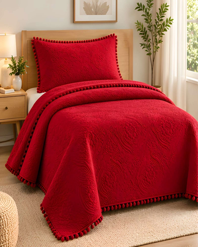 CUBRECAMA 1.5 PLAZAS TEXTURIZADO EN RELIEVE Y POMPONES - 3