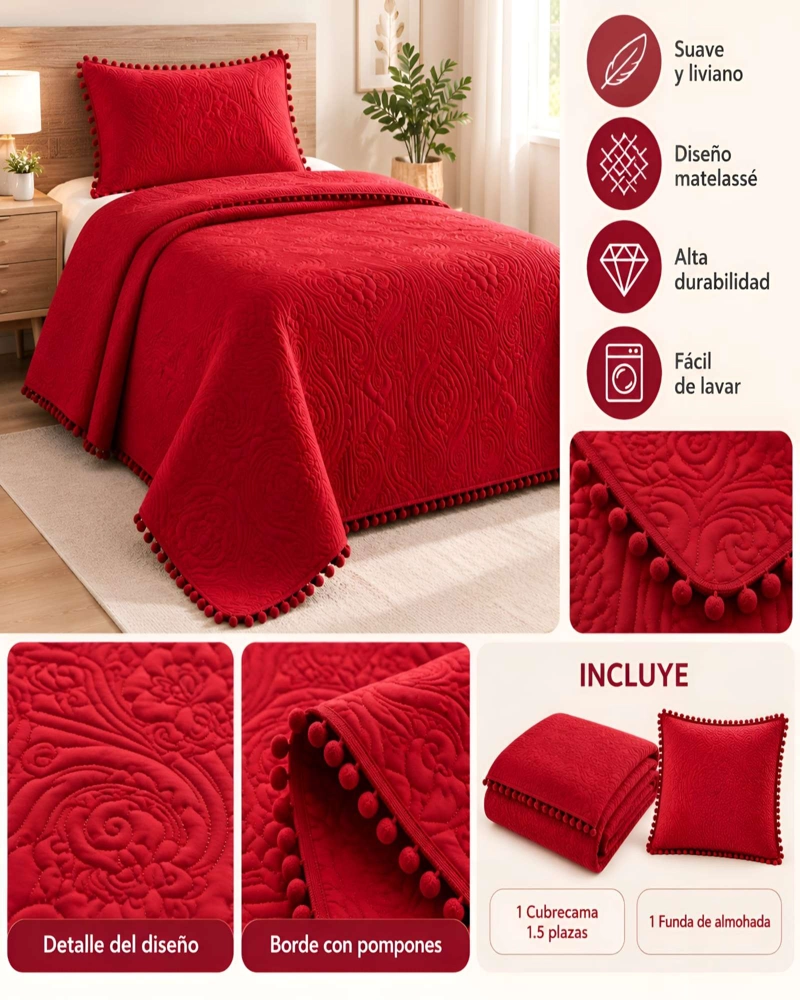 CUBRECAMA 1.5 PLAZAS TEXTURIZADO EN RELIEVE Y POMPONES - 5