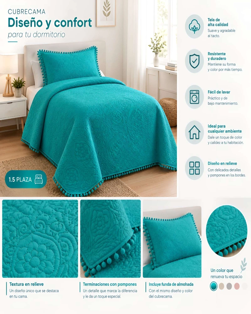 CUBRECAMA 1.5 PLAZAS TEXTURIZADO EN RELIEVE Y POMPONES - 5