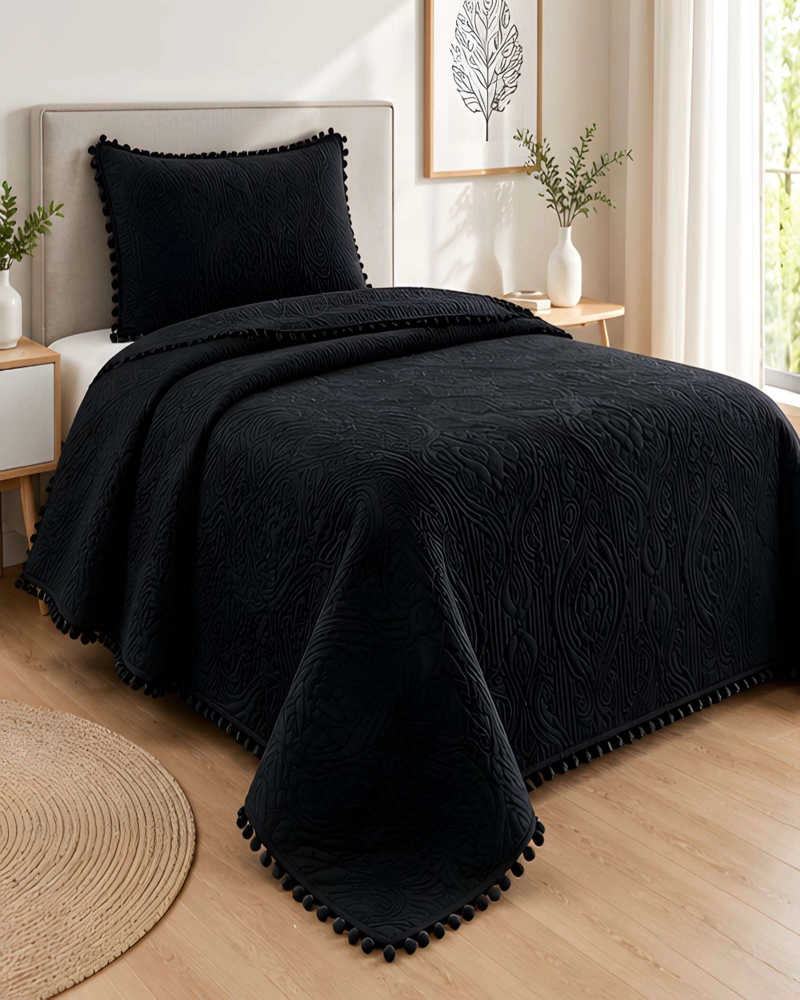 CUBRECAMA 1.5 PLAZAS TEXTURIZADO EN RELIEVE Y POMPONES - 3