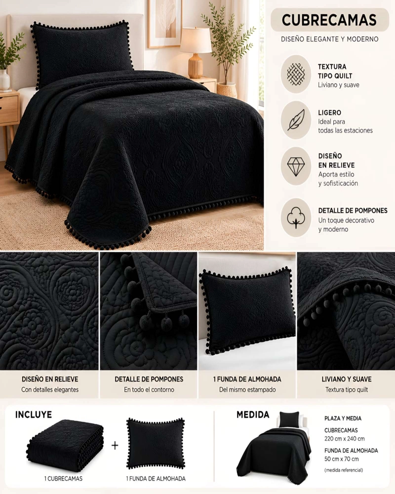 CUBRECAMA 1.5 PLAZAS TEXTURIZADO EN RELIEVE Y POMPONES - 5