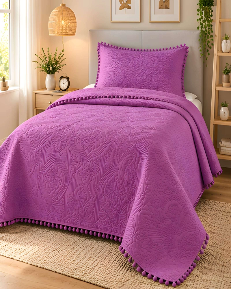 CUBRECAMA 1.5 PLAZAS TEXTURIZADO EN RELIEVE Y POMPONES - 2