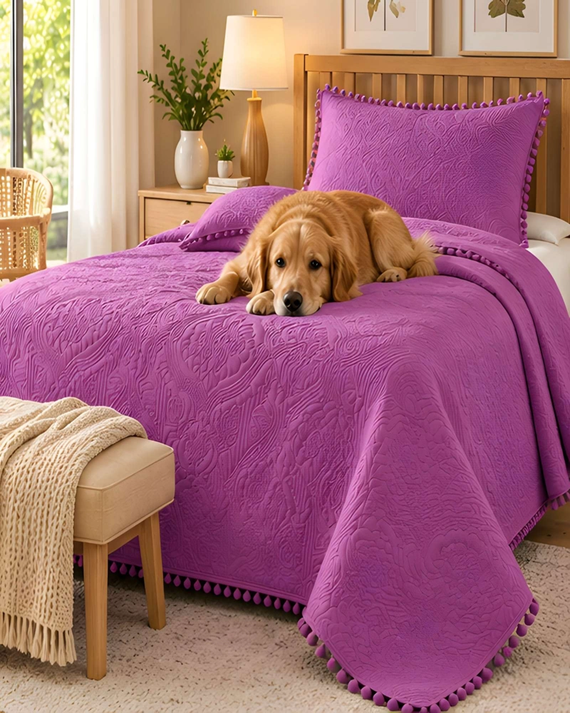 CUBRECAMA 1.5 PLAZAS TEXTURIZADO EN RELIEVE Y POMPONES - 3