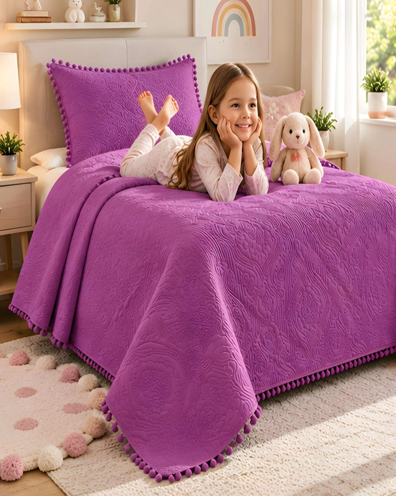 CUBRECAMA 1.5 PLAZAS TEXTURIZADO EN RELIEVE Y POMPONES - 4