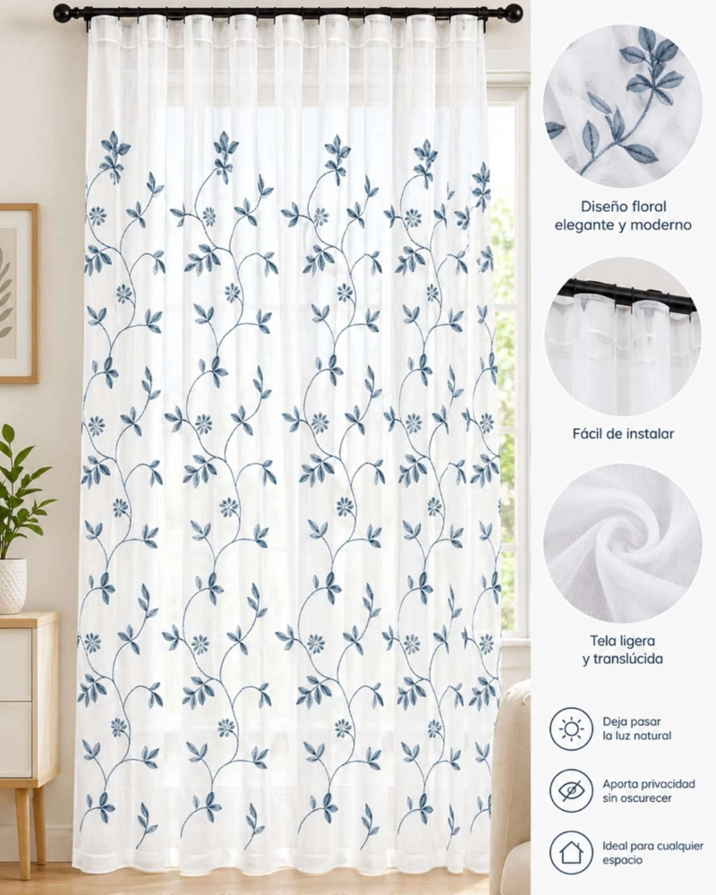 PACK 2 CORTINAS VISILLO CON BORDADOS Y OJALES 140X220CM - 3