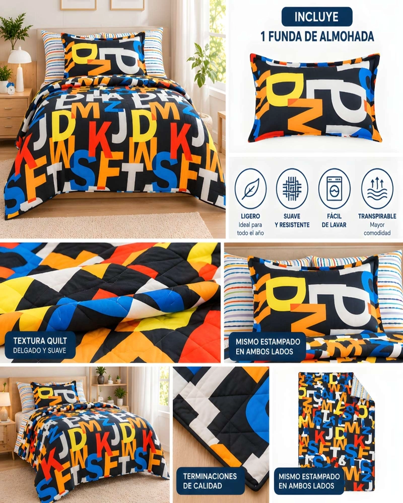 CUBRECAMA QUILT 1.5 PLAZAS PARA VERANO CON ALMOHADA INCLUIDA - 5