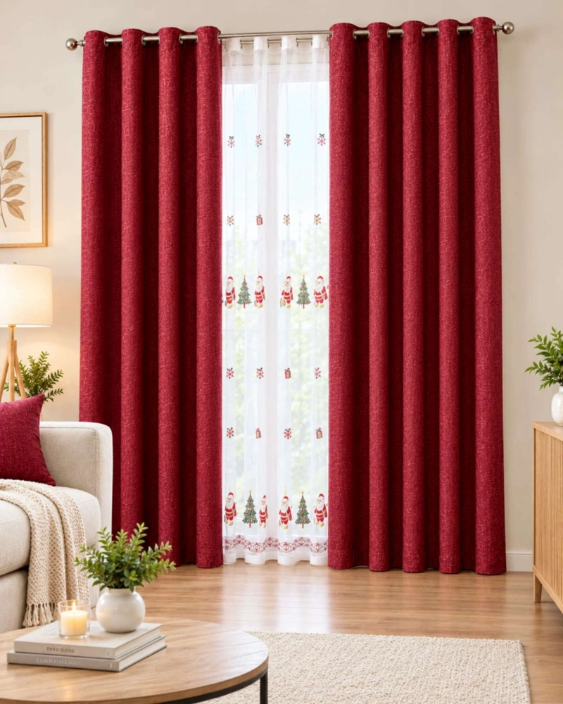 CORTINAS DE NAVIDAD COLOR BURDEOS Y VISILLOS BORDADOS - 2