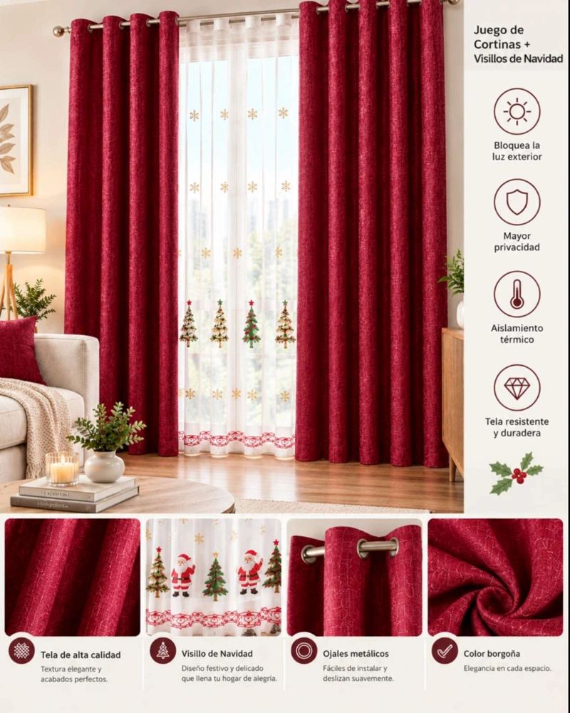 CORTINAS DE NAVIDAD COLOR BURDEOS Y VISILLOS BORDADOS - 5