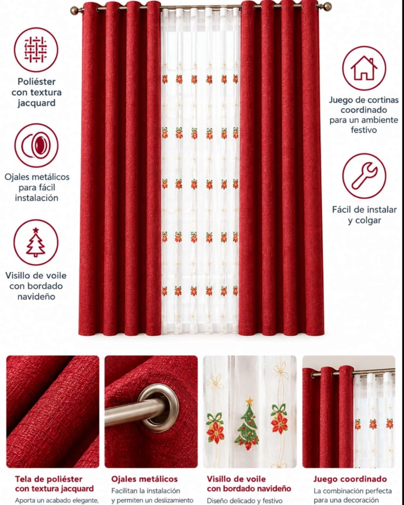 SET CORTINAS NAVIDEÑAS ROJAS JACQARD CON VISILLOS Y OJALES METALICOS - 5