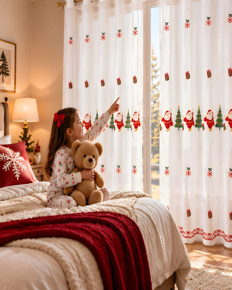 SET DE 2 CORTINAS VISILLO NAVIDEÑAS TRASLUCIDAS BORDADAS 140X230 CM - 1