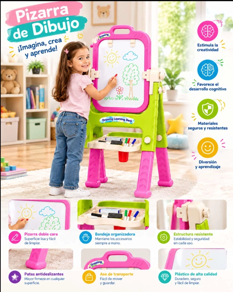 PIZARRA DIDACTICA INFANTIL DE PIE DOBLE CARA CON ACCESORIOS - 2