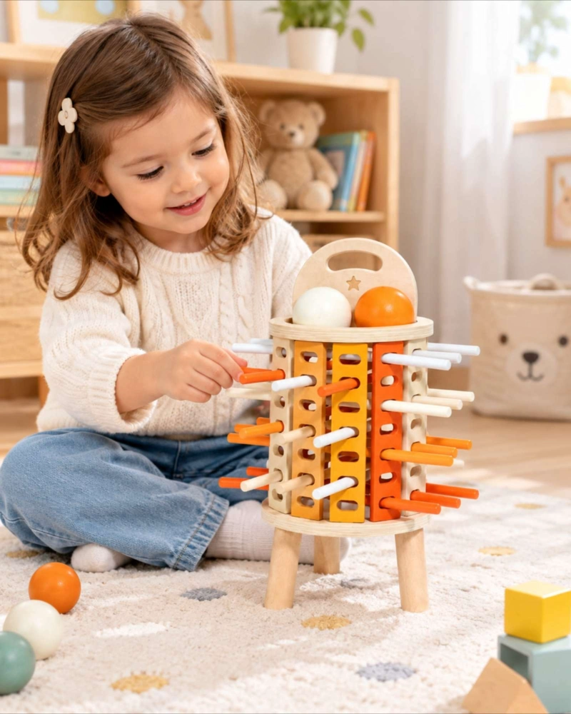 JUEGO EDUCATIVO DE MADERA MONTESSORI CON PALITOS Y BOLAS DE COLORES PARA NIÑOS - 1
