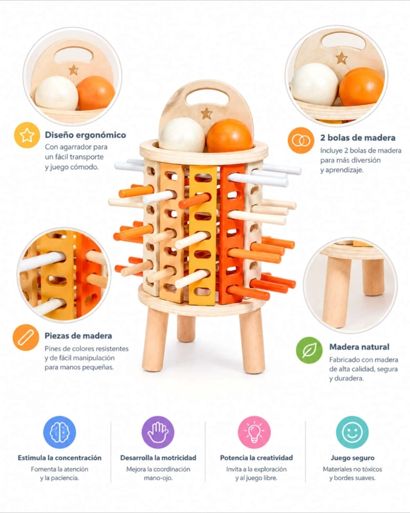 JUEGO EDUCATIVO DE MADERA MONTESSORI CON PALITOS Y BOLAS DE COLORES PARA NIÑOS - 5