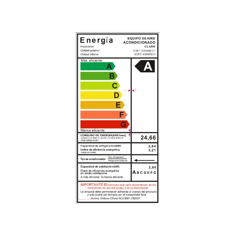 AIRE ACONDICIONADO SPLIT MURO INVERTER 9.000BTU CLARK R32 BLANCO - 3