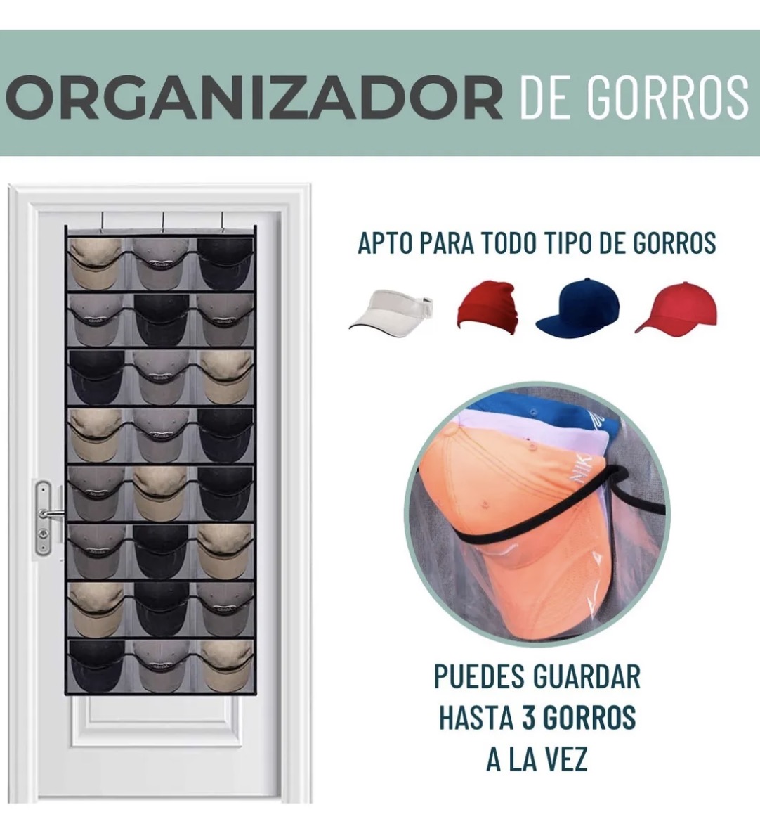 ORGANIZADOR GORRAS GORROS JOCKEY DETRAS DE PUERTA - 2