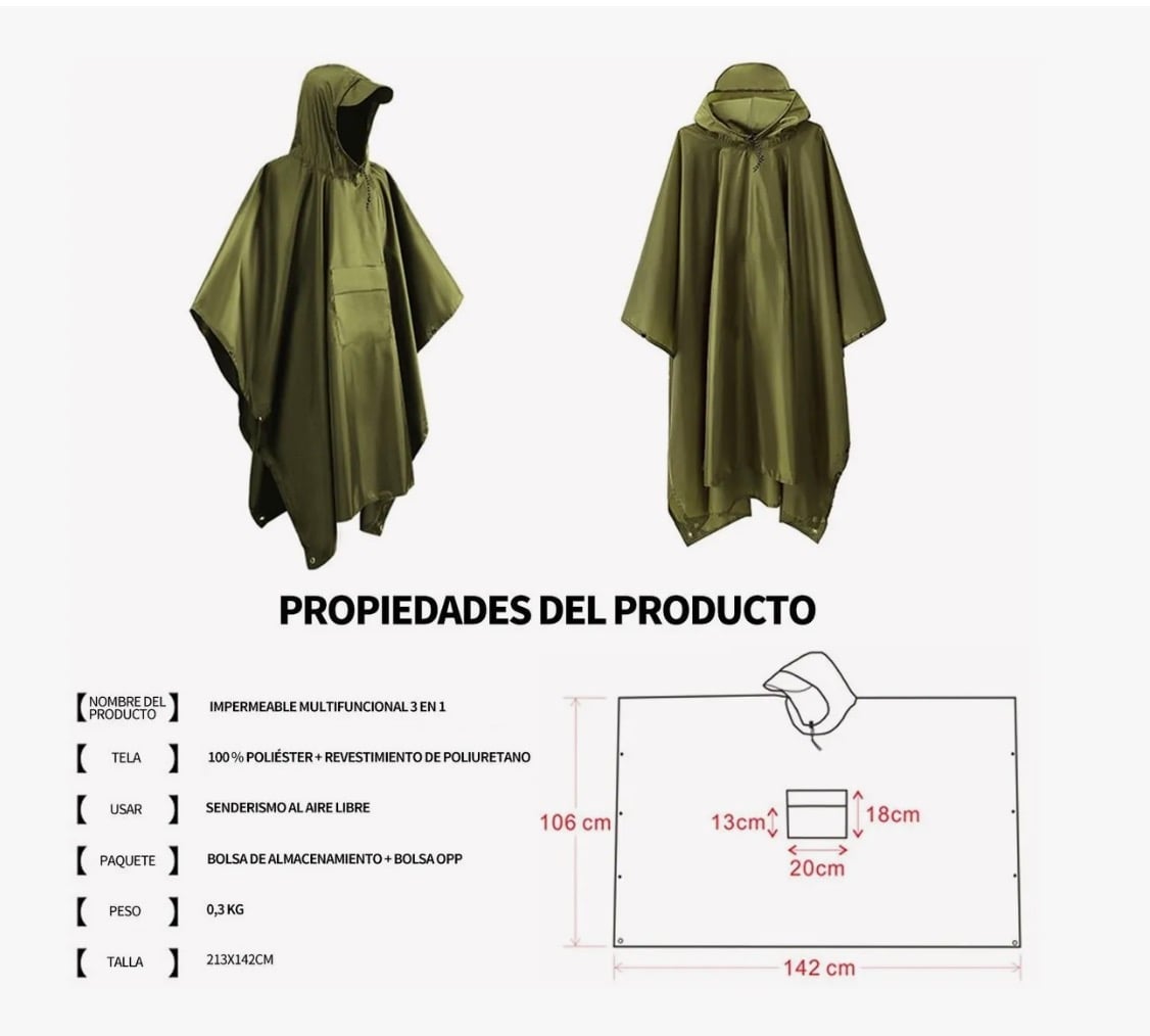 PONCHO IMPERMEABLE SIN OLOR VERDE - 3