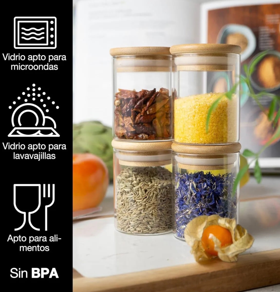 FRASCOS DE ESPECIAS CON TAPA DE BAMBU + ETIQUETAS ADHESIVAS - 2