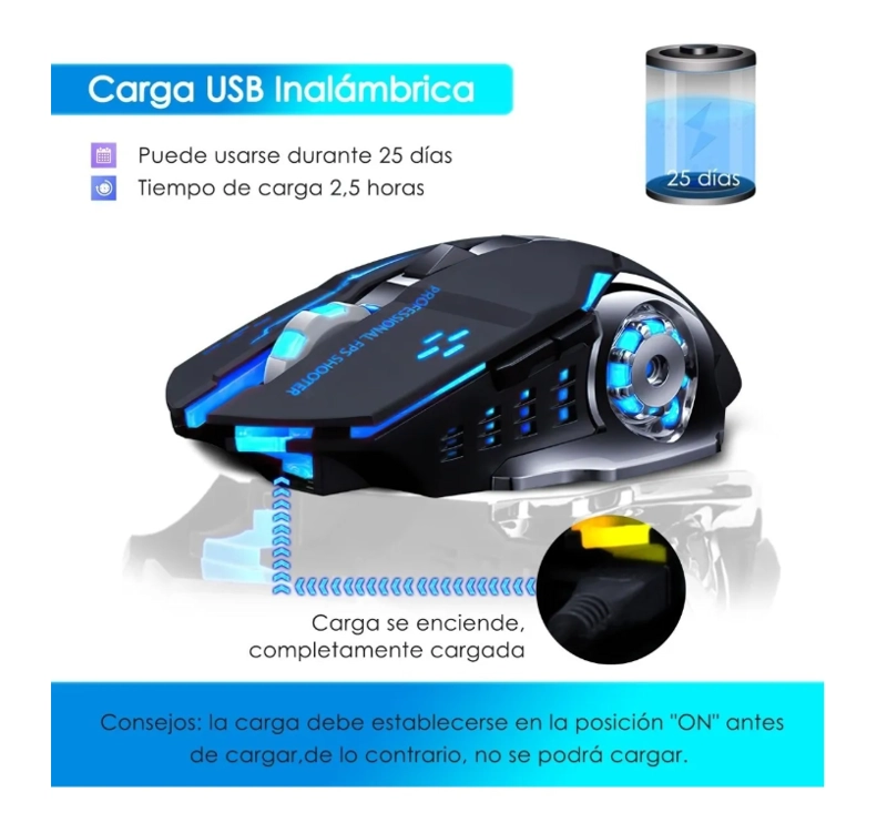 MOUSE GAMER INALAMBRICO SILENCIOSO Y RECARGABLE - 2
