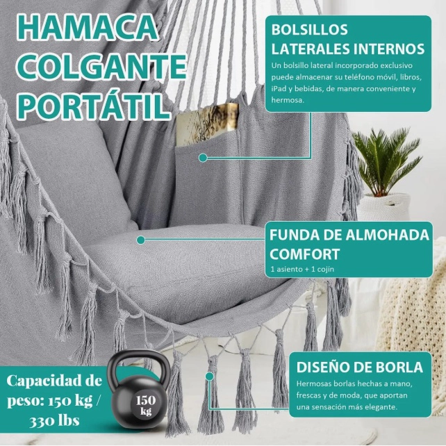 HAMACA COLGANTE SILLA CON 2 COJINES - 4