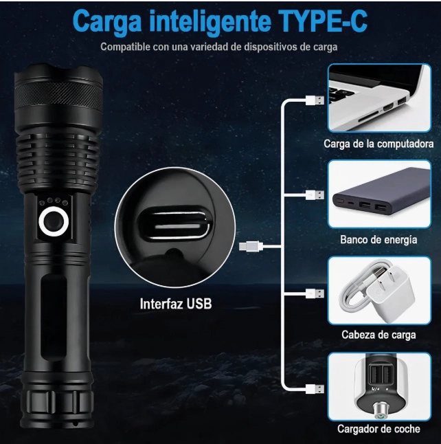 LINTERNA LED ZOOM TACTICA RECARGABLE - 4