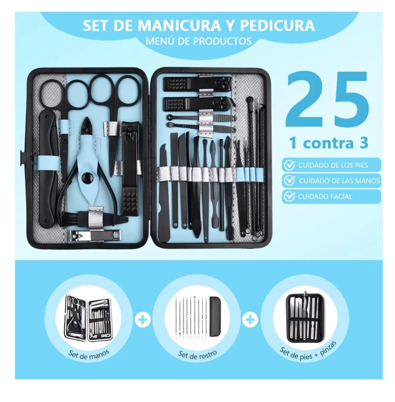 SET MANICURE PROFESIONAL 25 PIEZAS CELESTE - 2