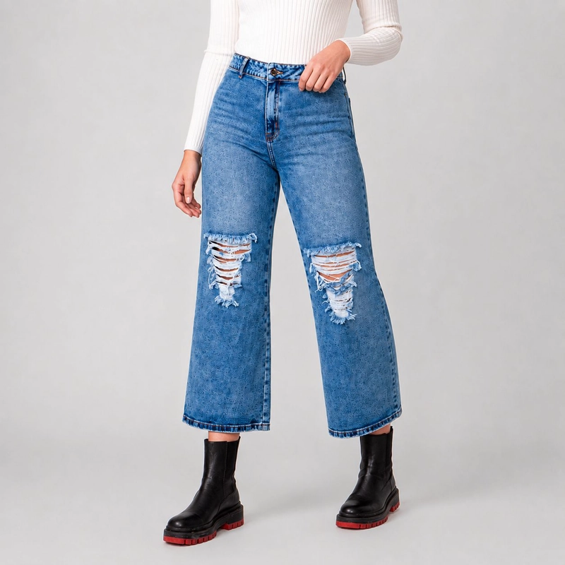 JEANS CULOTTE DESTROYER MOMCHIC AZUL - 3