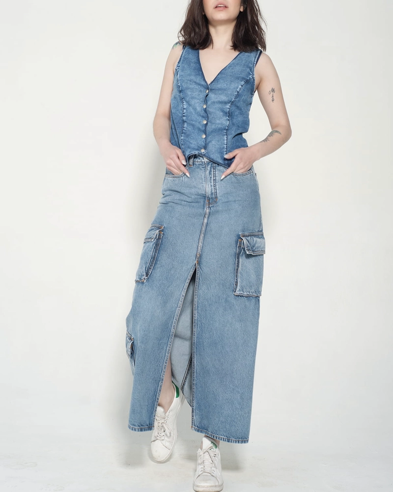 FALDA CARGO AZUL JEANS MOMCHIC AZUL - 3