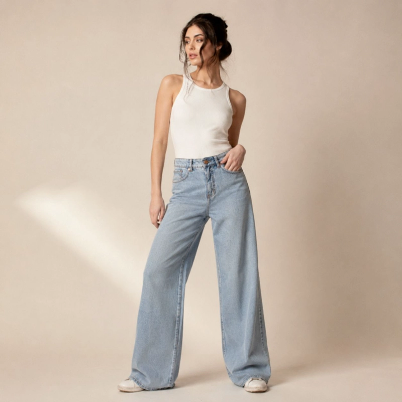 JEANS MOMCHIC STELLA NEW CELESTE WIDE LEG TIRO ALTO ALGODON MOMCHIC CELESTE - 1