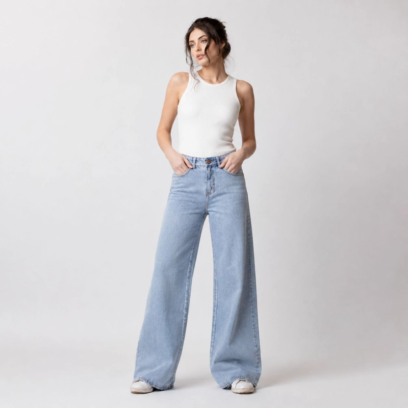 JEANS MOMCHIC STELLA NEW CELESTE WIDE LEG TIRO ALTO ALGODON MOMCHIC CELESTE - 2
