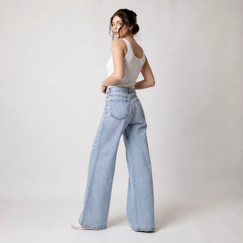JEANS MOMCHIC STELLA NEW CELESTE WIDE LEG TIRO ALTO ALGODON MOMCHIC CELESTE - 3