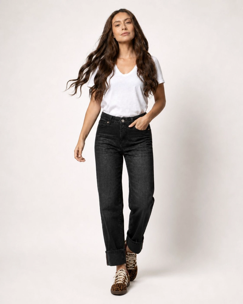 JEANS NEGRO DENIM RECTO TIRO MEDIO MOMCHIC NEGRO - 5