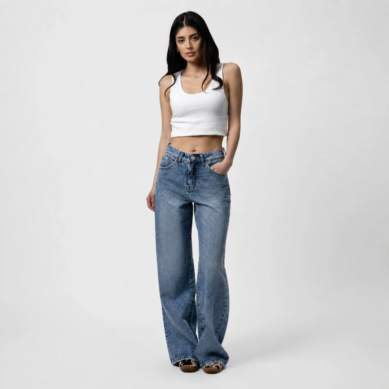JEANS MOMCHIC STELLA NEW AZUL WIDE LEG TIRO ALTO ALGODON MOMCHIC AZUL - 1