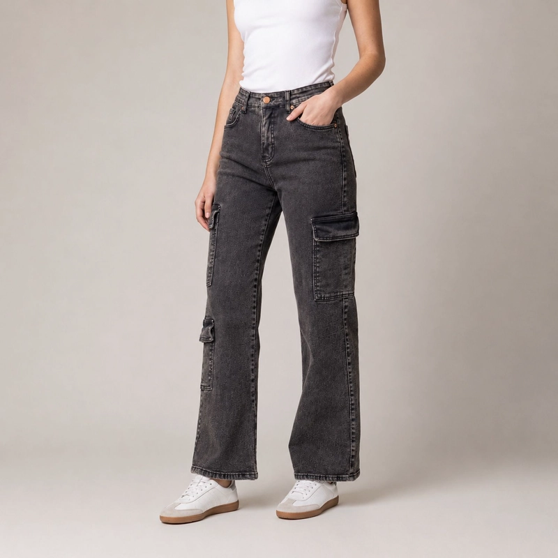 JEANS MUJER CARGO DENIM MATIZADO MOMCHIC MOMCHIC NEGRO - 1