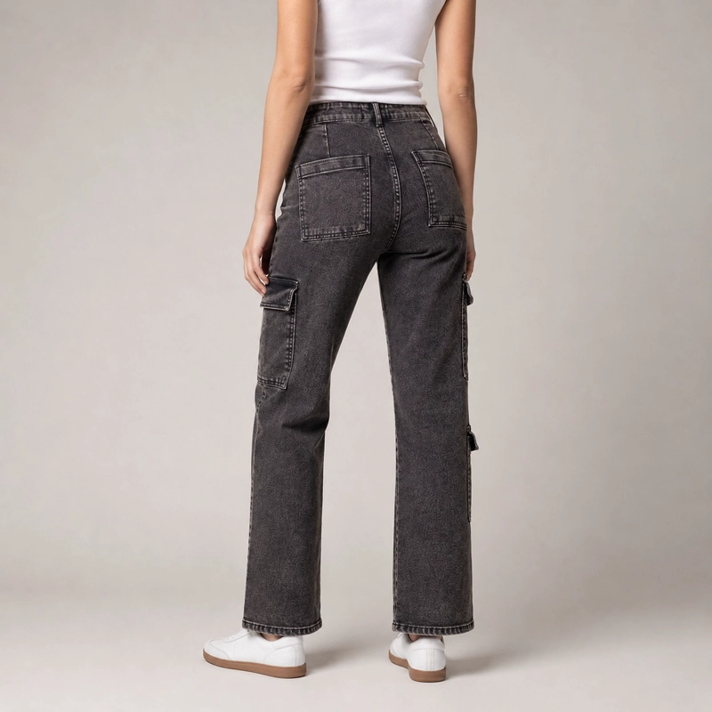 JEANS MUJER CARGO DENIM MATIZADO MOMCHIC MOMCHIC NEGRO - 2