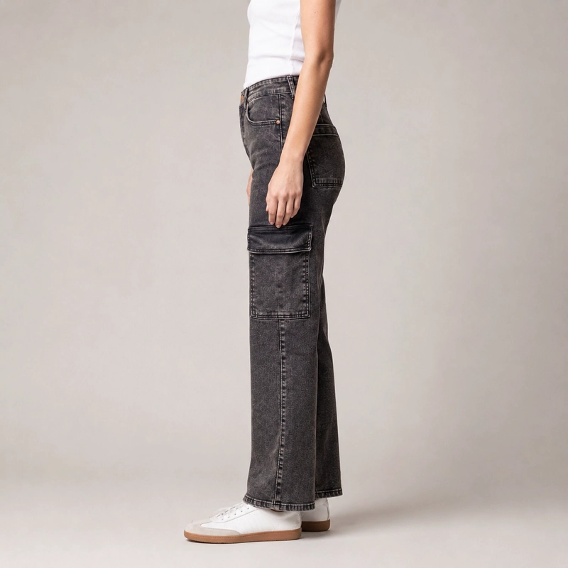 JEANS MUJER CARGO DENIM MATIZADO MOMCHIC MOMCHIC NEGRO - 3