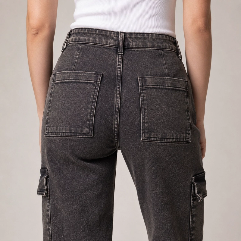 JEANS MUJER CARGO DENIM MATIZADO MOMCHIC MOMCHIC NEGRO - 4