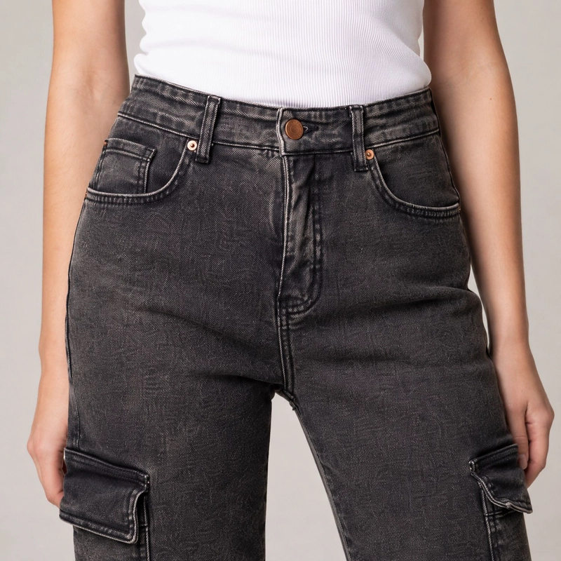 JEANS MUJER CARGO DENIM MATIZADO MOMCHIC MOMCHIC NEGRO - 5