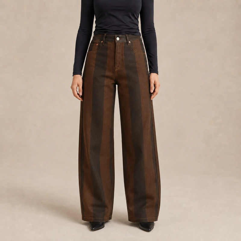 JEANS BARREL LORENZA  TIRO ALTO CON RAYAS CAFE  VERTICALES - 1
