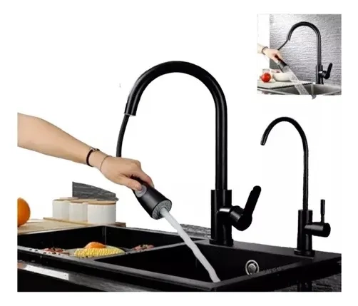 GRIFO DE COCINA EXTRAIBLE NEGRO ACERO INOXIDABLE DISEÑO MODERNO - 3