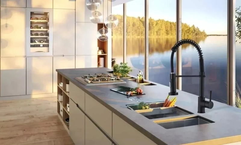 GRIFO DE COCINA EXTRAIBLE NEGRO ACERO INOXIDABLE DISEÑO MODERNO - 4