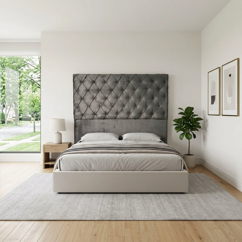 CAMA EUROPEA CON RESPALDO CAPITONE NISETH TELA FELPA COLOR CAFE  2 PLAZAS COLCHON 21 CM - 2